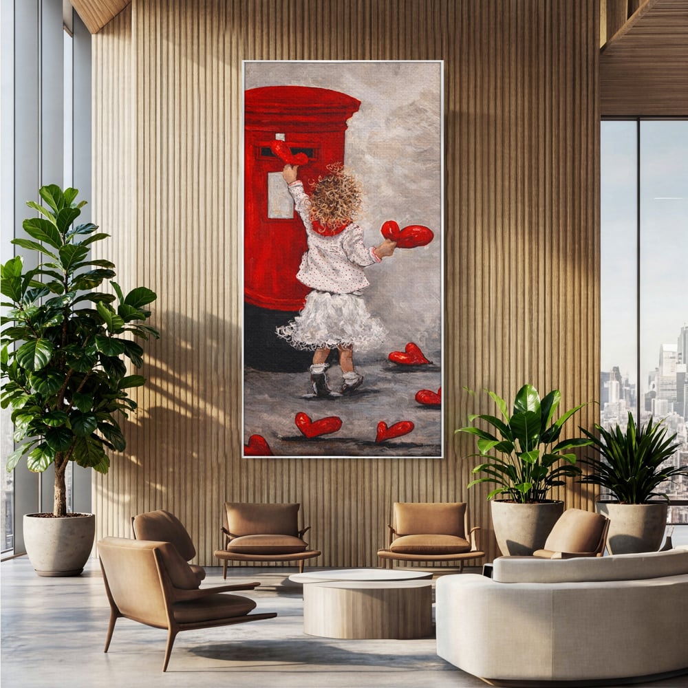 Tablou canvas cu pictura cu fetita si cutie postala, in rama de aluminiu argintiu, pe perete intr-un birou
